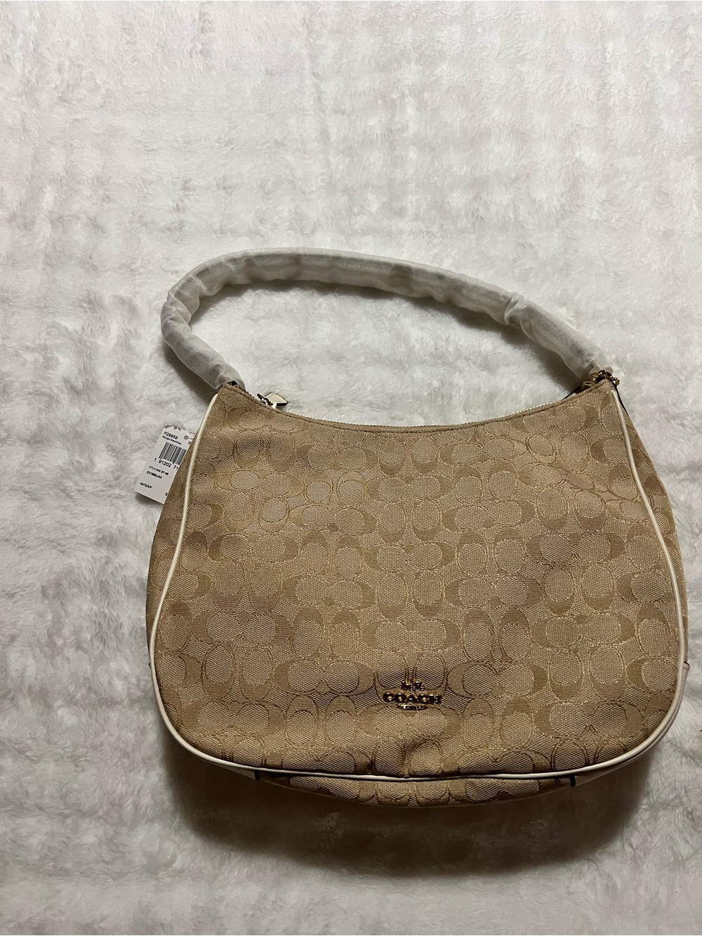 Coach Beige Signature Jacquard Hobo with White Trim